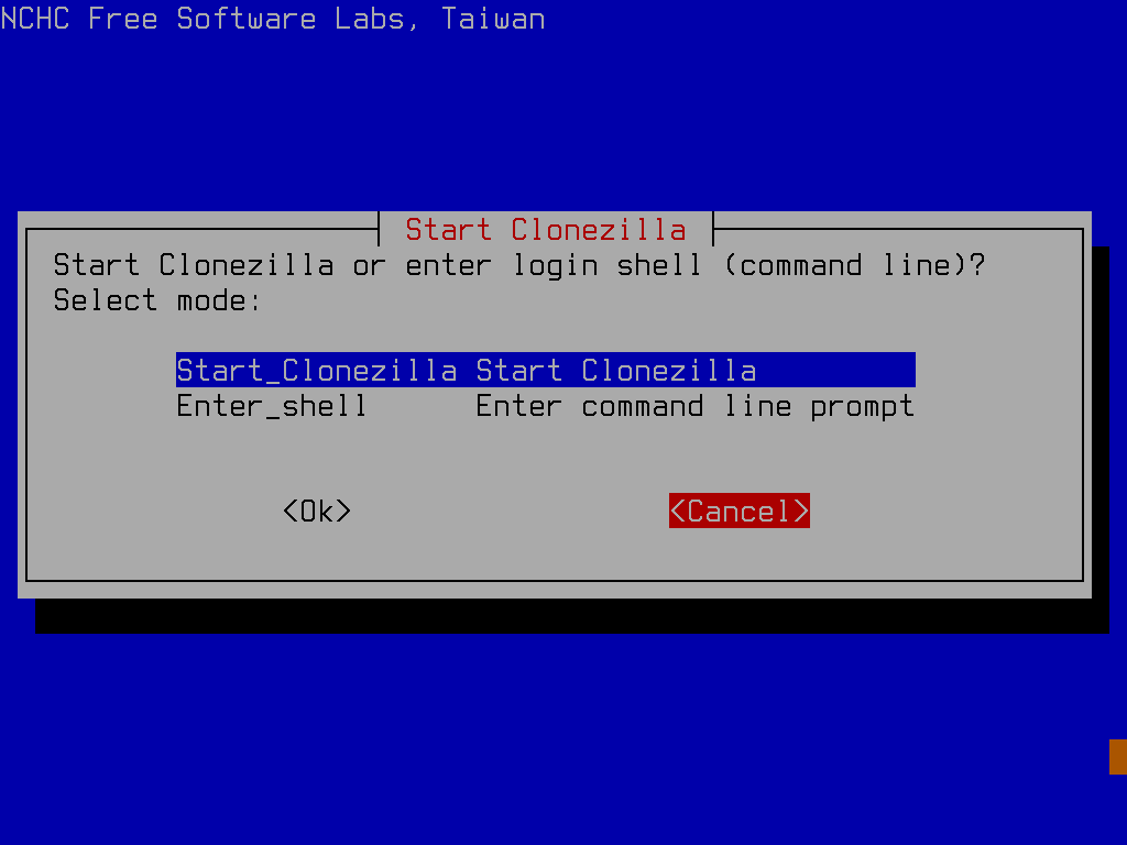 clonezilla start screen